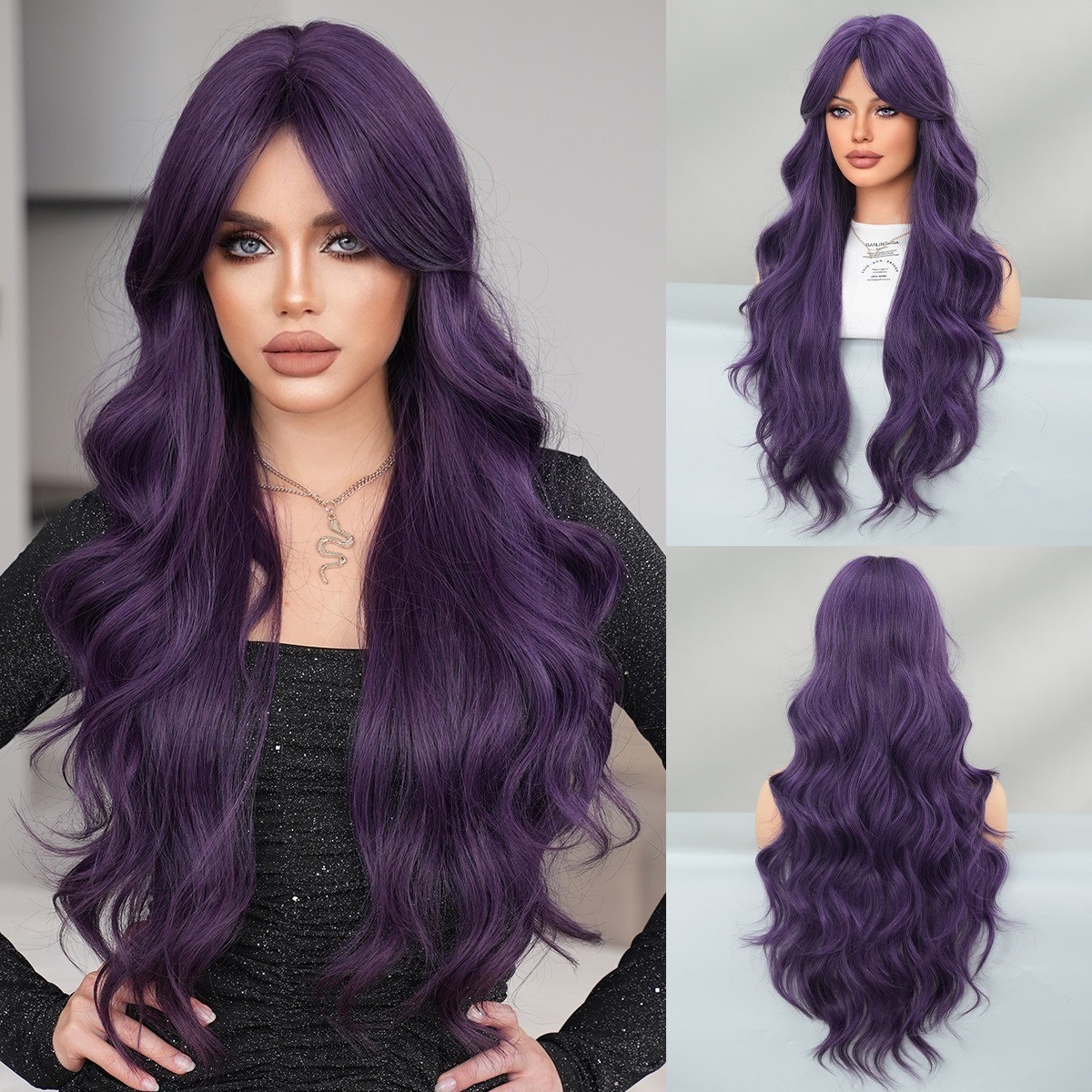 Purple wig woman with long curly hair fluffy deep purple wig full head cover