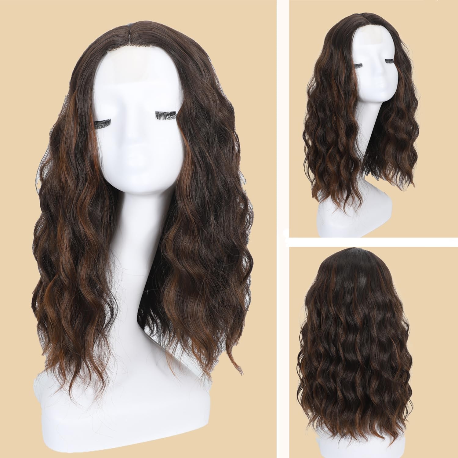 Dark Brown Wig with Highlight Wigs for Women 18 Inch Medium Length Short Wavy…