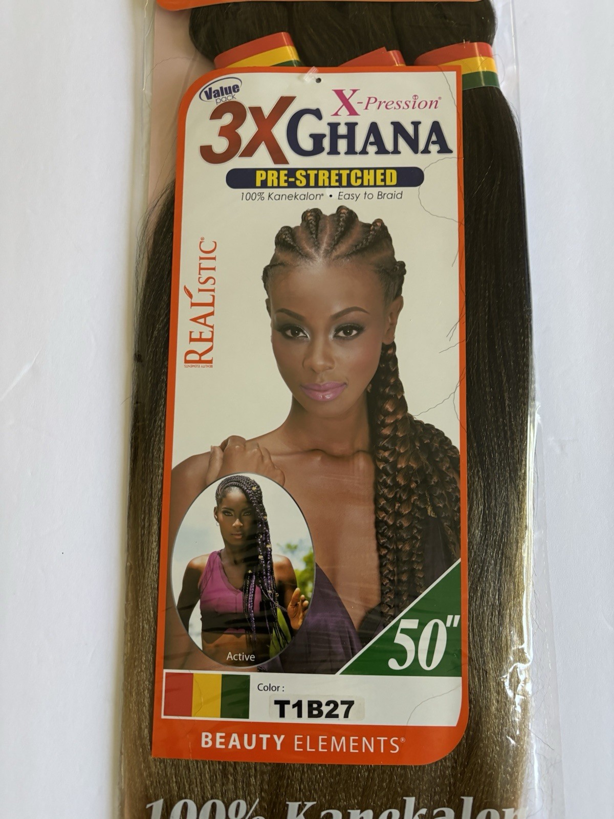 Realistic 50” 3X GHANA PRE STRETCHED 100% Kanekalon – Color T1B27 Brand New