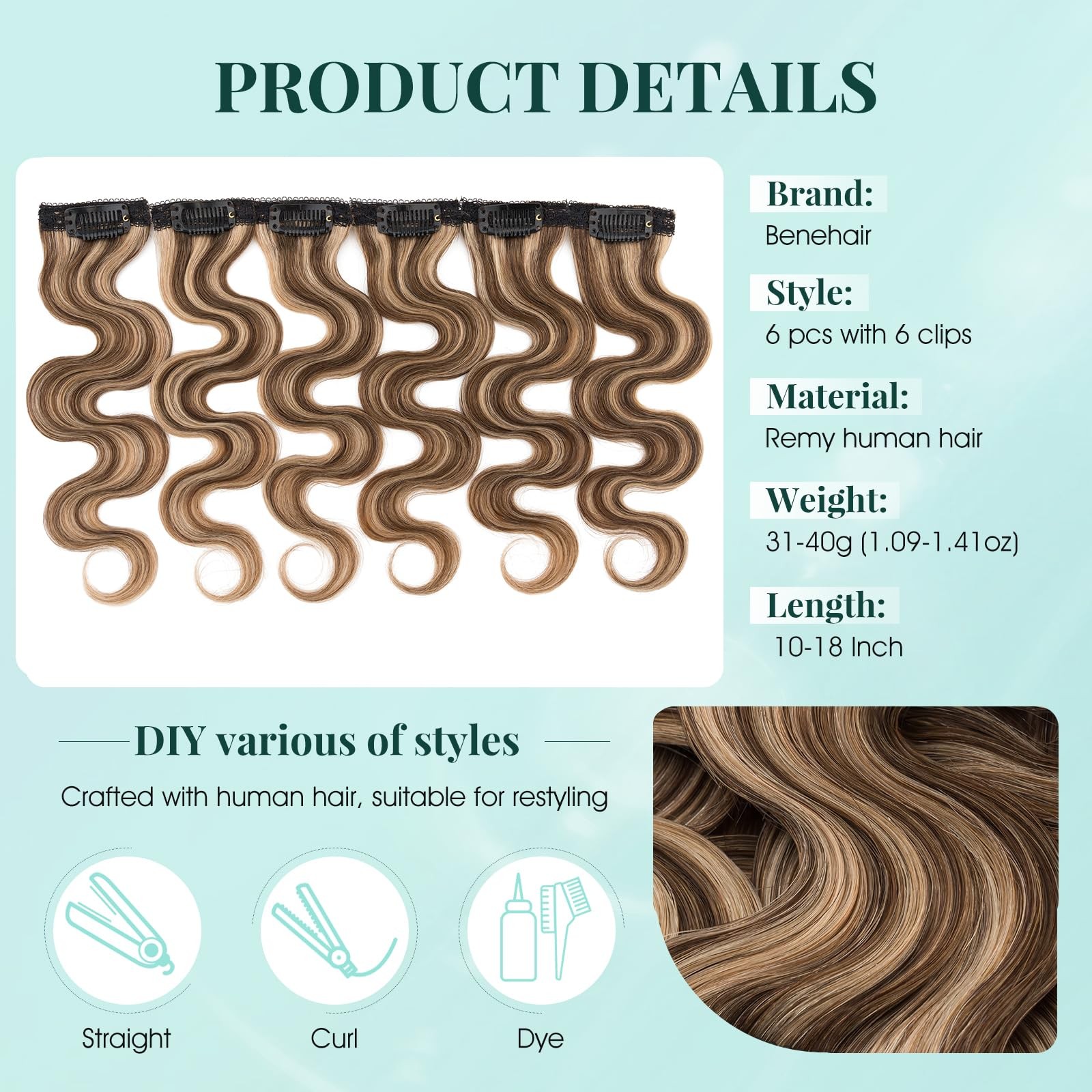 Benehair 6 Pcs Clip In Short Hair Extensions 100 Real Human Hair For Women