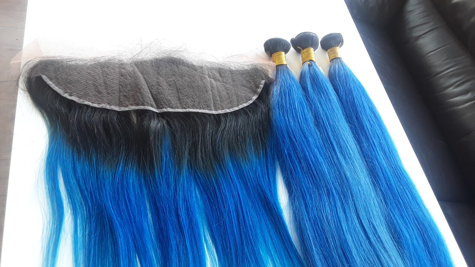 1B#/BLUE OMBRE BRAZILIAN VIRGIN HUMAN HAIR STRAIGHT BUNDLES 30+30+30&18 FRONTALS