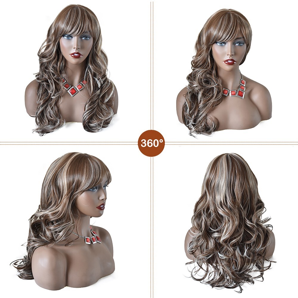 Women Synthetic Wig Long Wavy Hair with Bangs Machine Made Full Cap Glueless Wig