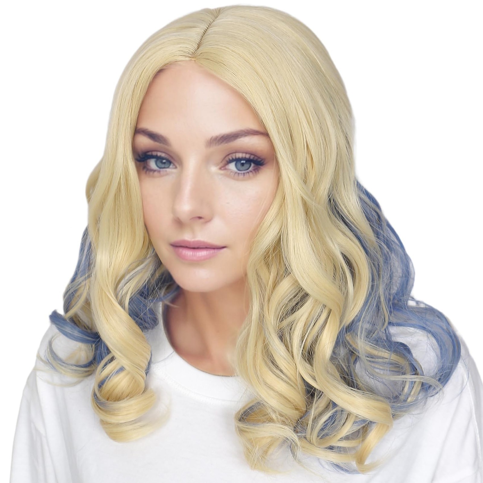 Long Blonde with Blue Curly Wig Costume Halloween Party Wigs Adult