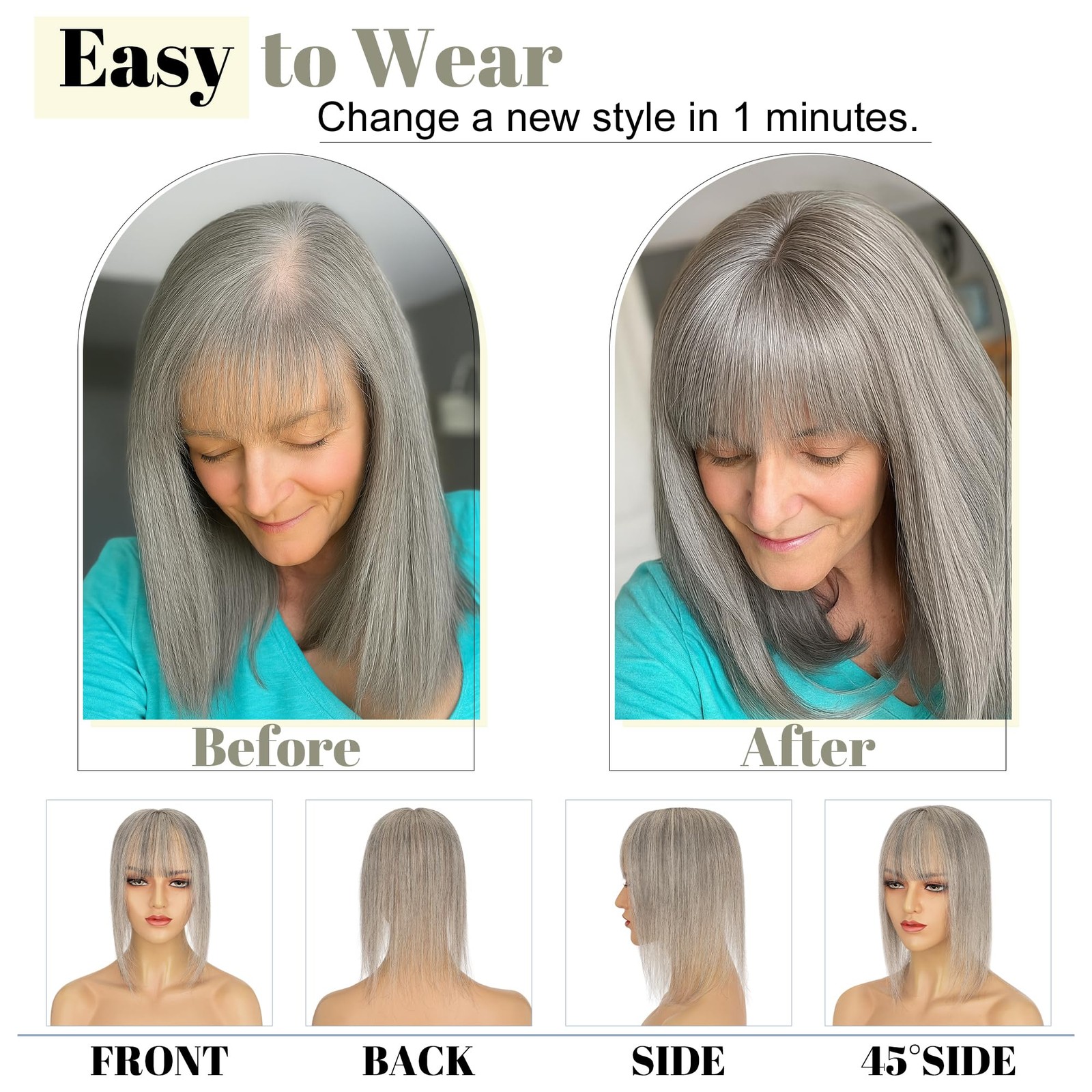 Sego Grey Hair Toppers For Women Real Human Hair Bangs Salt And Pepper Hair