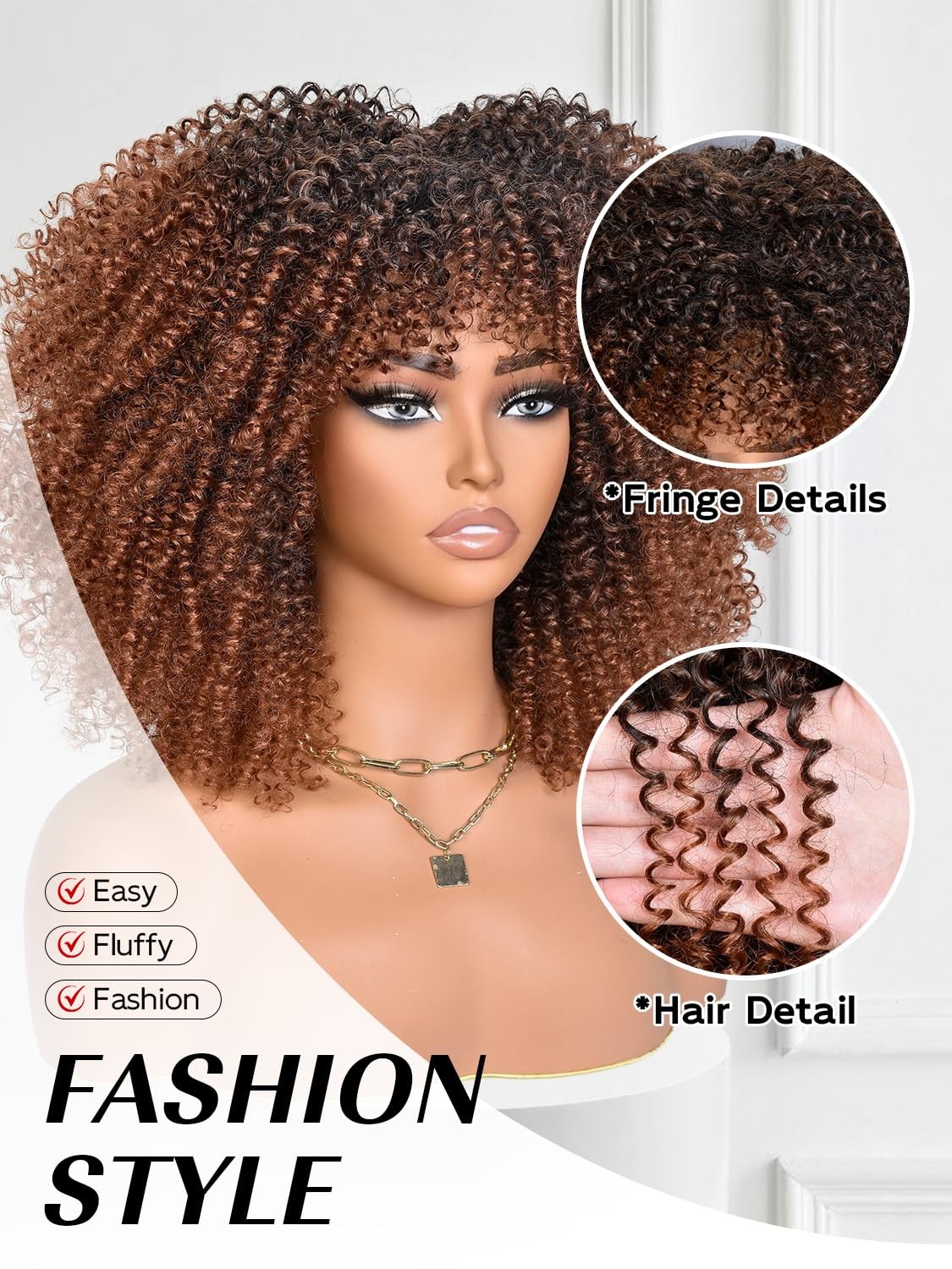 Ombre Brown Afro Curly with Bangs 14 Inch Short Synthetic Afro Black Kinky