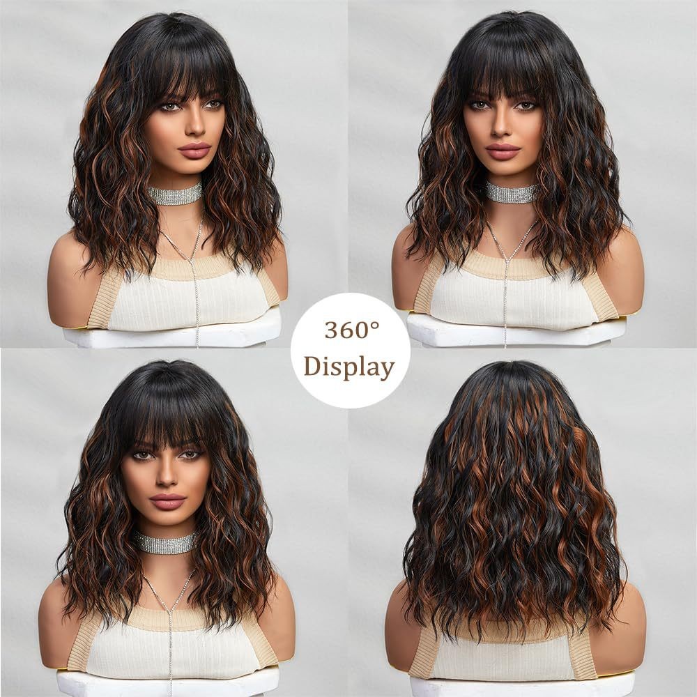 Highlight Short Water Wave Curly Wig Heat Resistant Synthetic Full Wig for