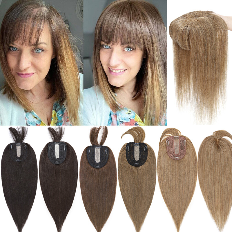 130% Clip in Human Hair Topper Hairpiece Toupee Wigs with Bangs For Loss Hair US