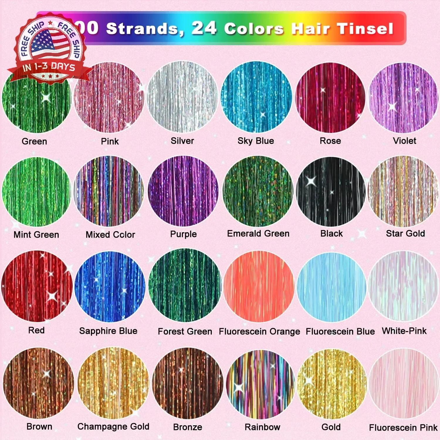 Hair Tinsel, 24 Colors 9800 Strands Hair Tinsel Kit with Tools 48 Inch Glitter T