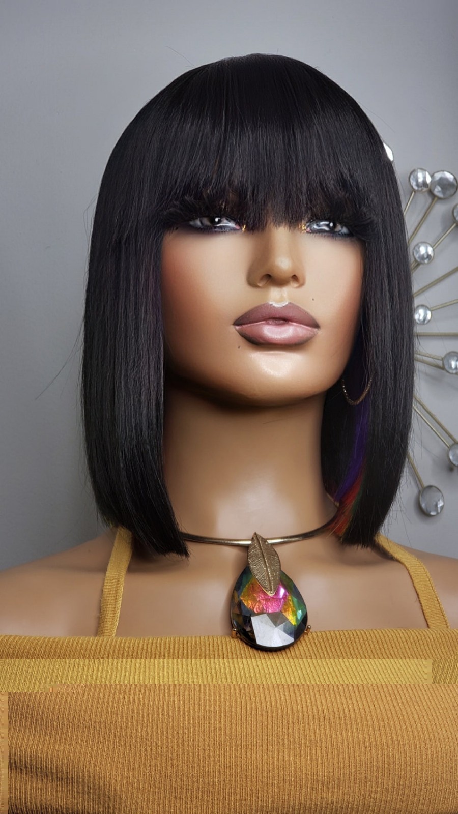 New Short Human Hair Blend Straight Bob Wrap Style Full Cap Wig Black Rainbow