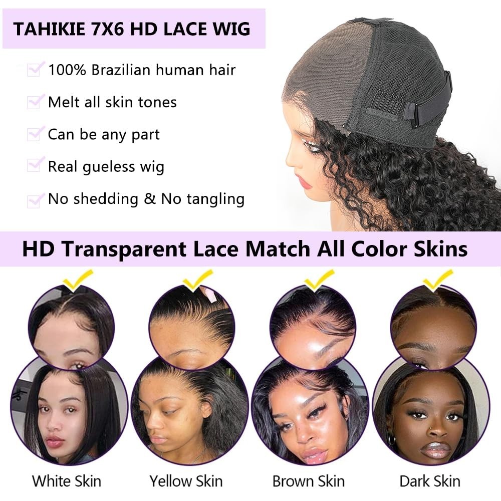 7×6 Curly Glueless Wig Human Hair, Pre-Plucked, 250% Density, HD Lace, 16in