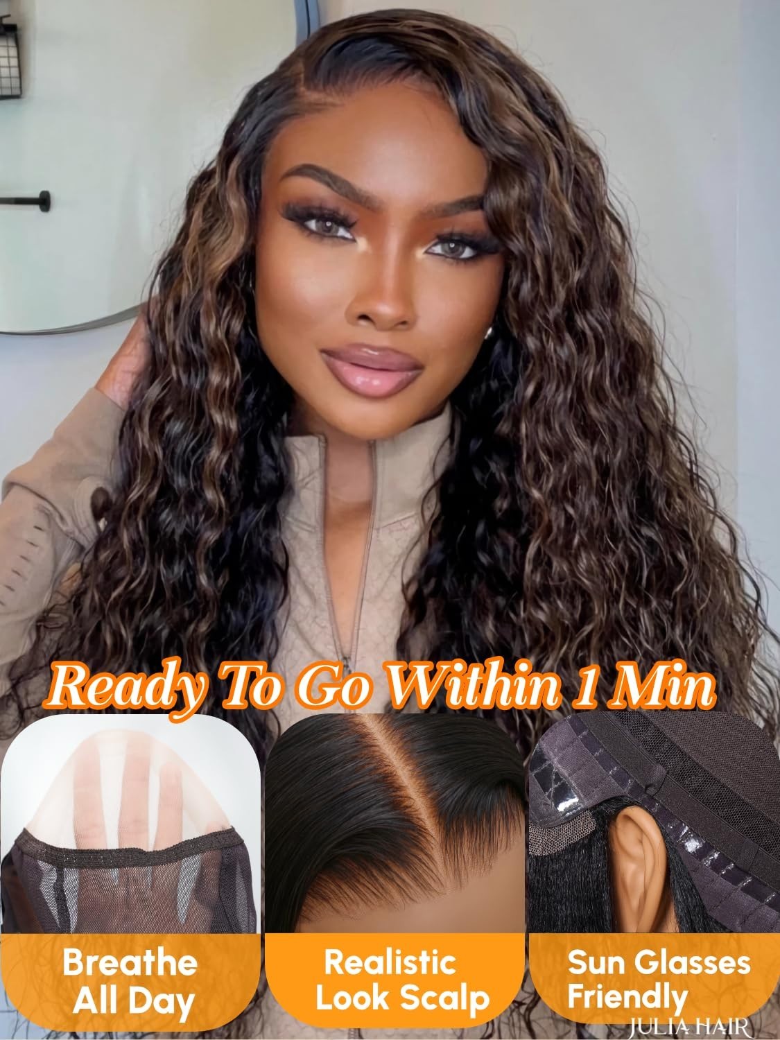 Golden Brown Highlight Deep Wave 22″ HD Lace Closure Glueless Wig, Pre-Plucked,