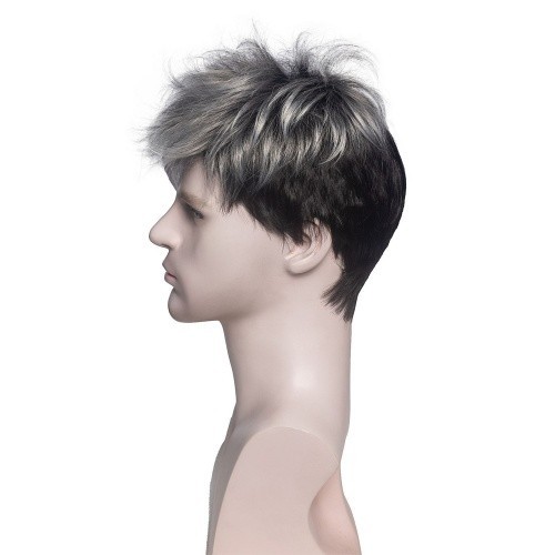 Short Wig Silver Gray with Black Synthetic Hair Wig Layered Textured Pixie Wigs