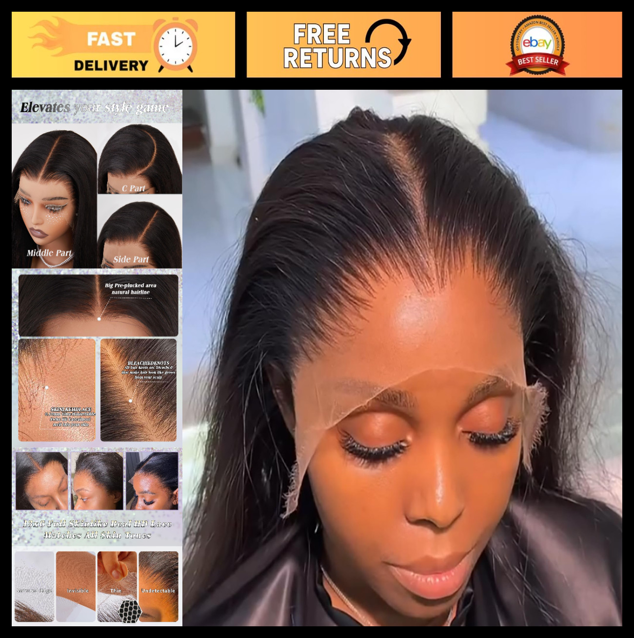 36″ HD Lace Front Wig, 13×6 Straight Virgin Human Hair, Skinlike, Invisible Knot