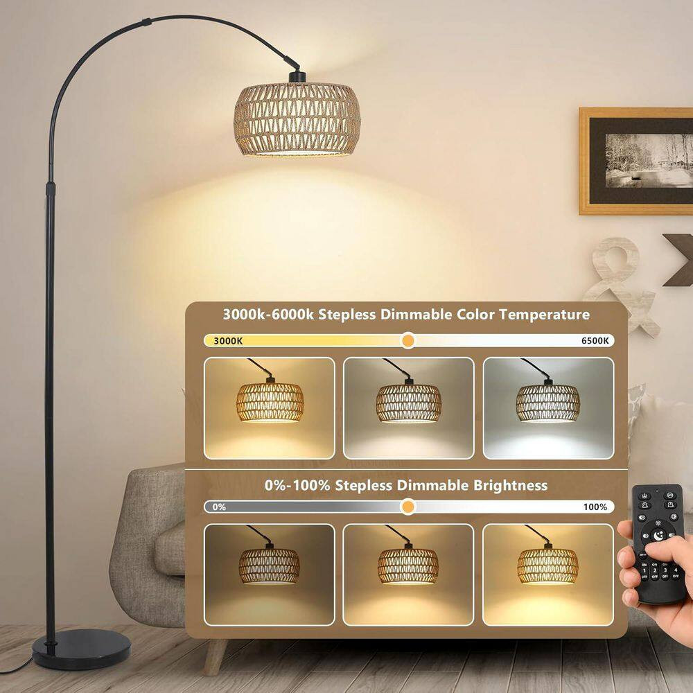 72 In. Brown & Black 1-Light Smart Arc Floor Lamp with Rattan & Fabric Double Dr