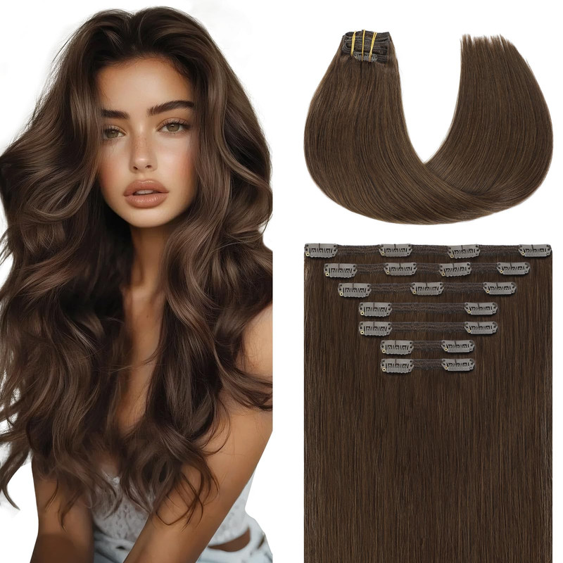 Youngsmile Clip In Hair Extensions Human Hair 16 Inch 140G 7Pcs Chocolate Brown