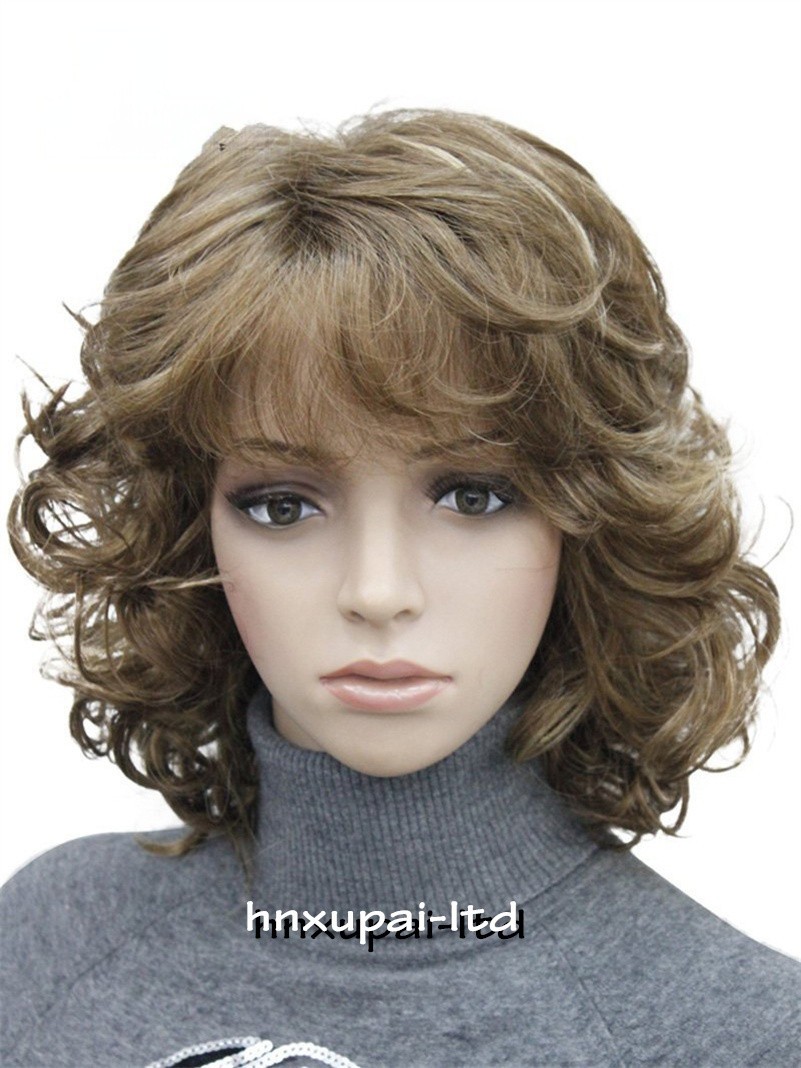 Short Loose Curls Curly Ash Brown Blonde Mix Synthetic Hair Wigs Women Soft