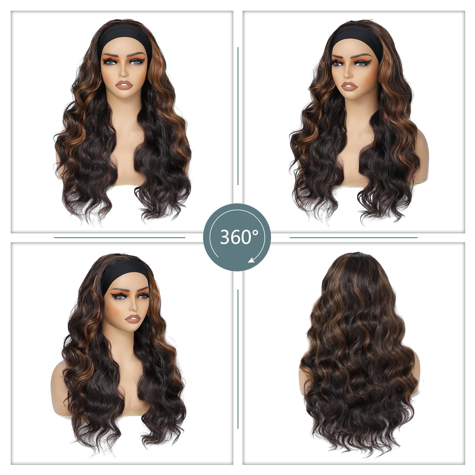 Long Wavy Headband Wig for Women Black Wigs with Brown Blonde Highlight 200% …