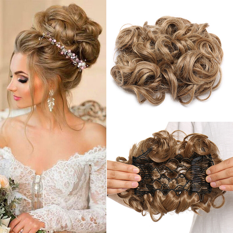 LARGE Curly Messy Bun Clips In Hair Extension THICK Chignon Updo As Human Blonde