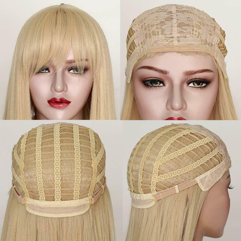 Long Blonde Heat Resistant Straight Hair No Lace Natural Women Wigs Full Bangs
