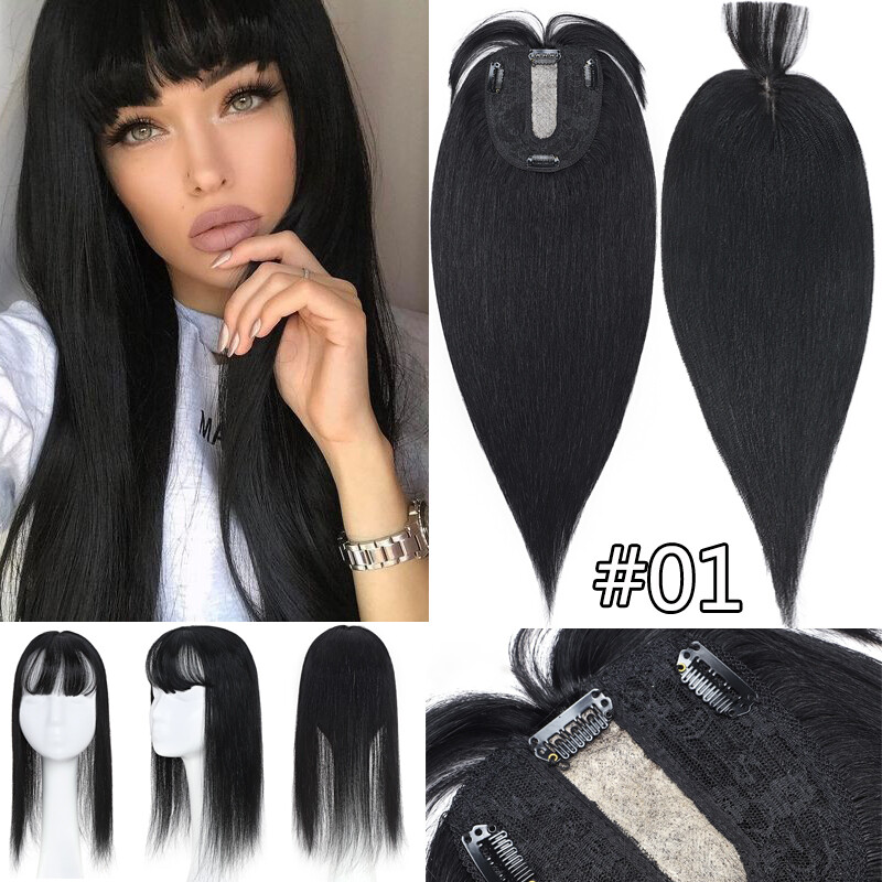 130% Clip in Human Hair Topper Hairpiece Toupee Wigs with Bangs For Loss Hair US