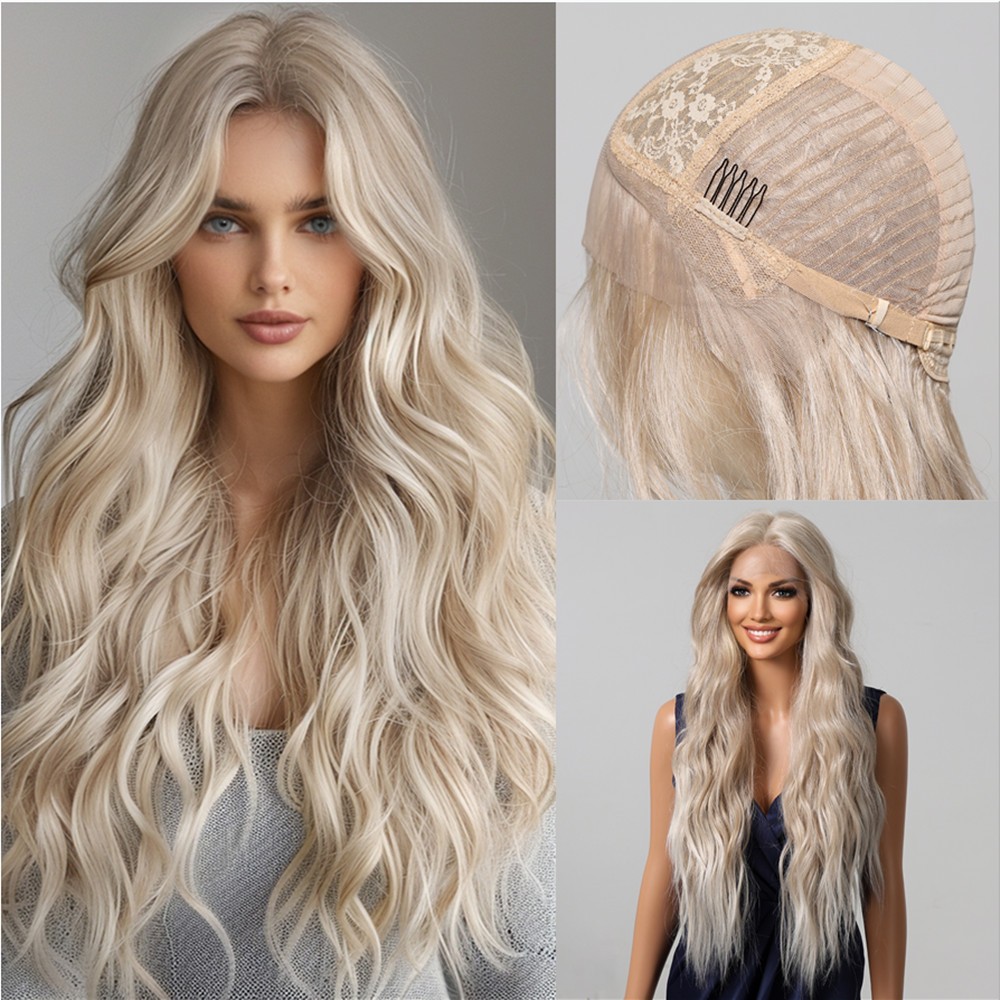 Long Wavy Soft Bleach Blonde Heat Resistant Synthetic Hair Frontal T Lace Wigs