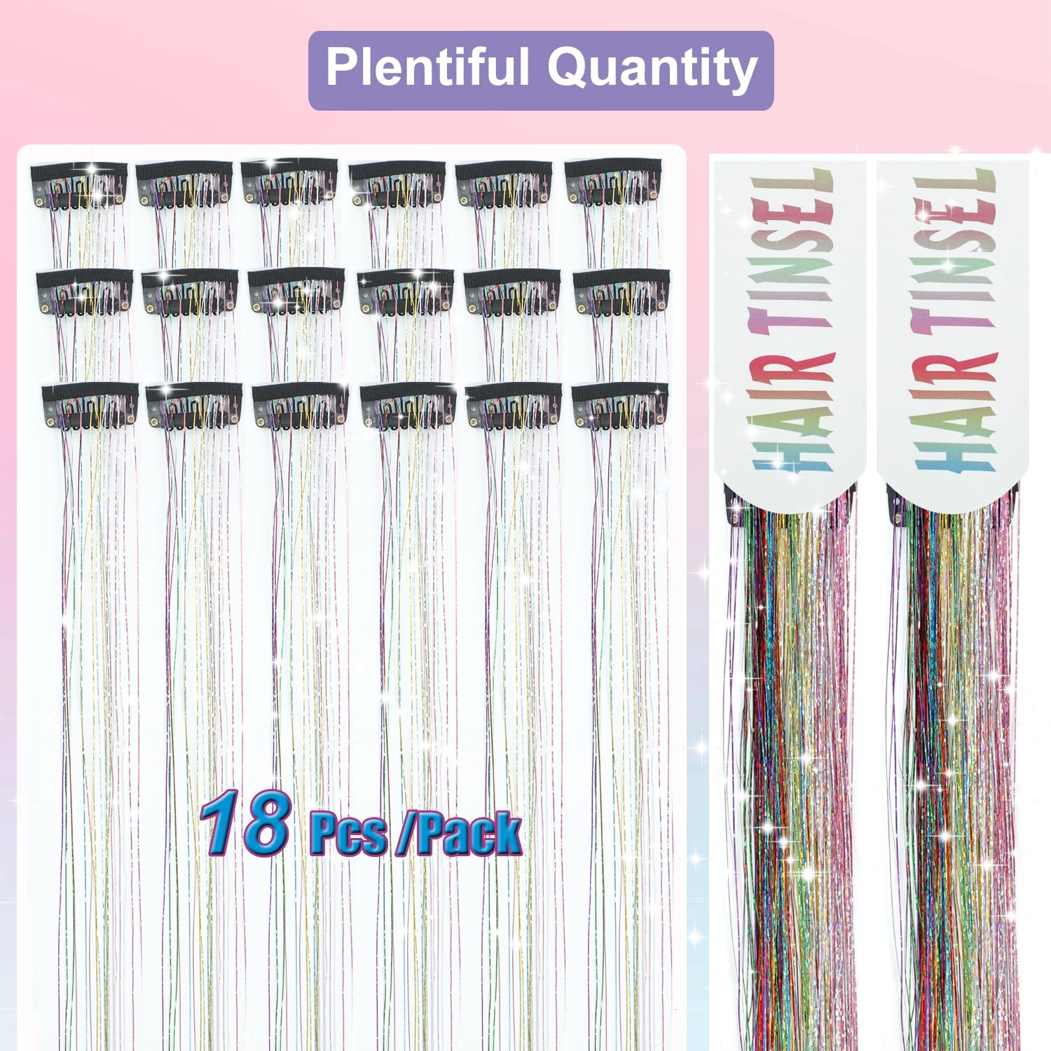 18pcs Hair Tinsel Clip in Kit Glitter 18pcs, Colorful
