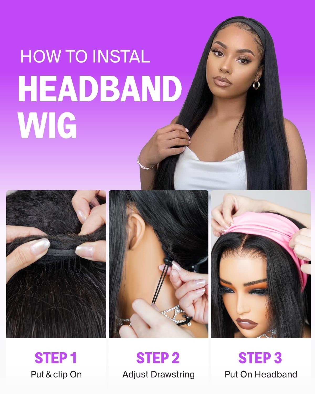 20-Inch Straight Headband Wig Human Hair Drawstring Ponytail Half Wig – No Lace,