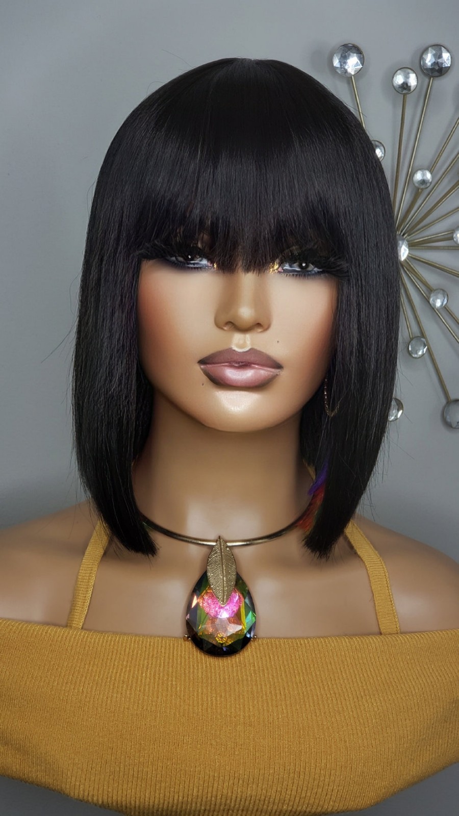 New Short Human Hair Blend Straight Bob Wrap Style Full Cap Wig Black Rainbow