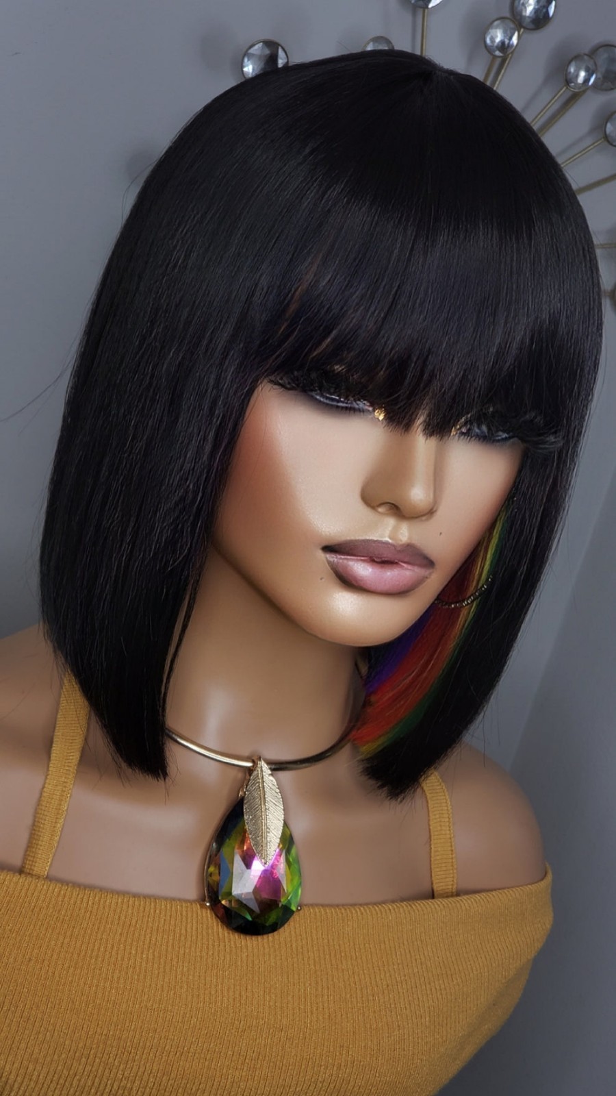 New Short Human Hair Blend Straight Bob Wrap Style Full Cap Wig Black Rainbow