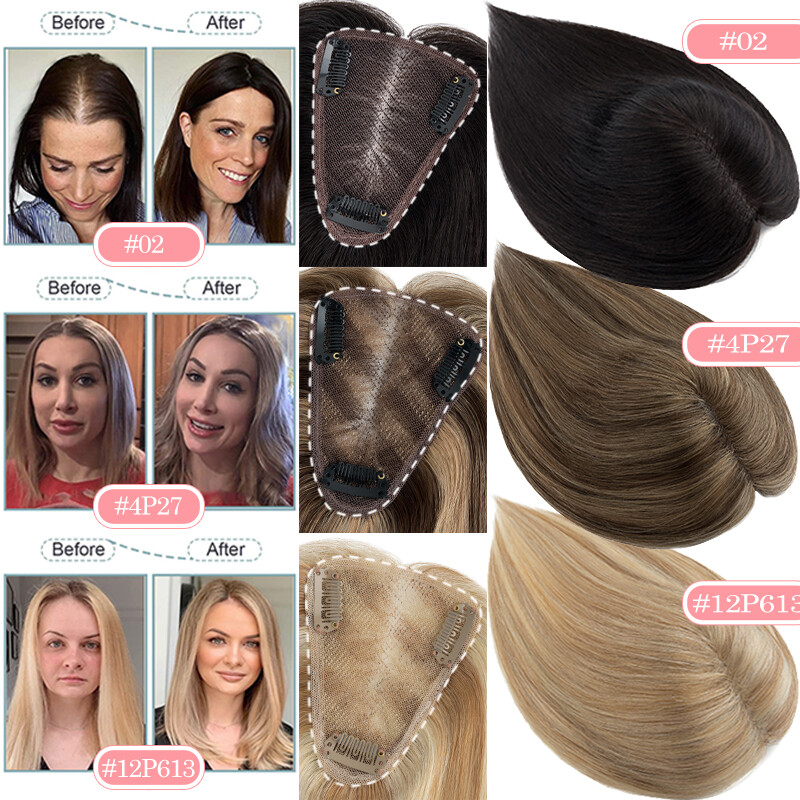 100% Remy Human Hair Extensions Clip In Silk Base Hairpiece Topper Free Part