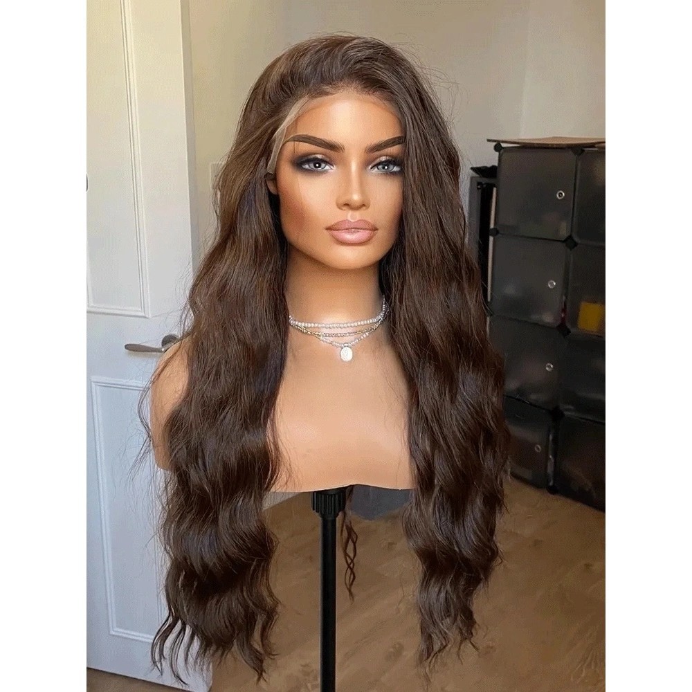 Heat Resistant Synthetic Hair Brown Pre Plucked Frontal Lace Wig Long Wavy