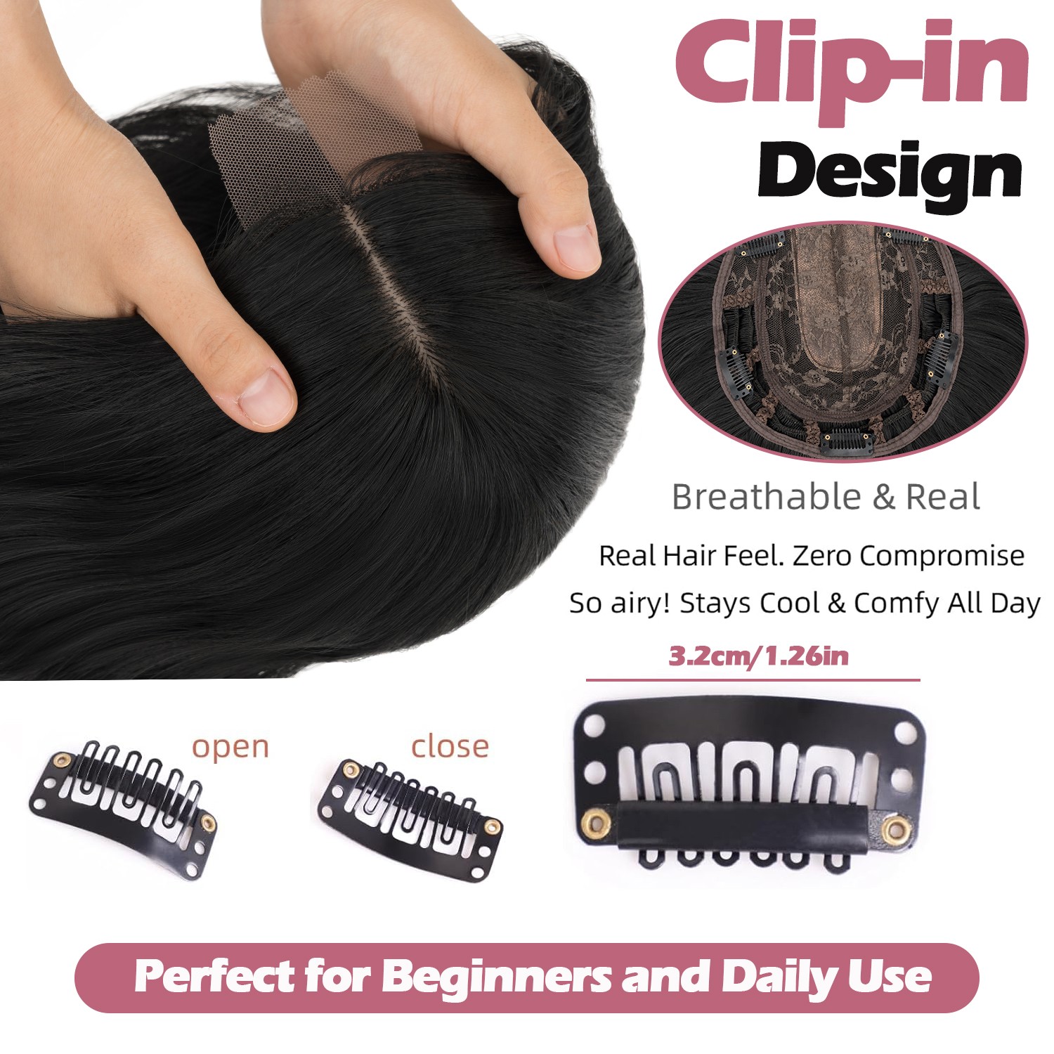 Natural Hair Toppers Clip in Top Piece Toupee LACE AS Human Hair Curtain Bangs M