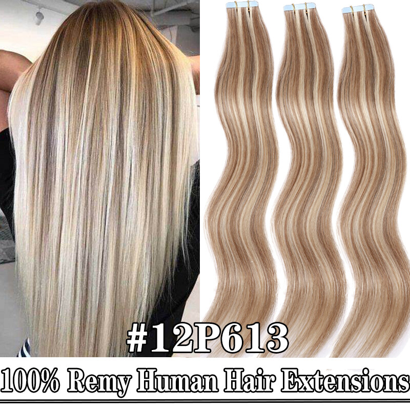 80PCS Full Head Thick Tape in Remy Human Hair Extensions Skin Weft Balayage Soft