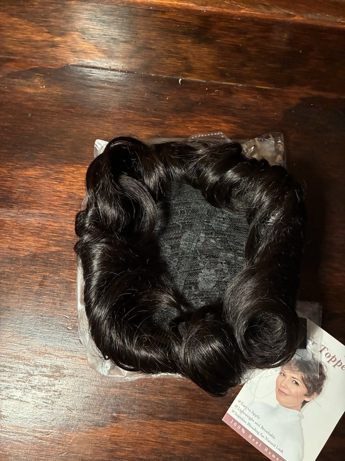Short Curly Human Hair Topper Wiglet Pixie Cut, Clip In, Natural Black, 5×5.5”