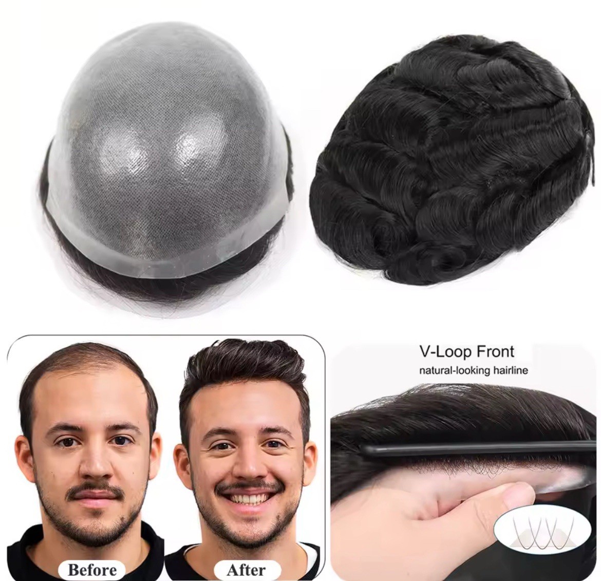 Men’s Human Hair Toupee Hairpiece Full PU Base V-Loop Wavy 8x10in