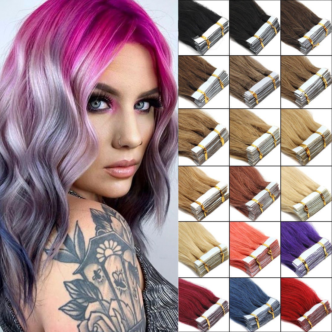 Tape in Human Hair Extensions Skin Wefts Remy Medium Brown Balayage Blonde26inch