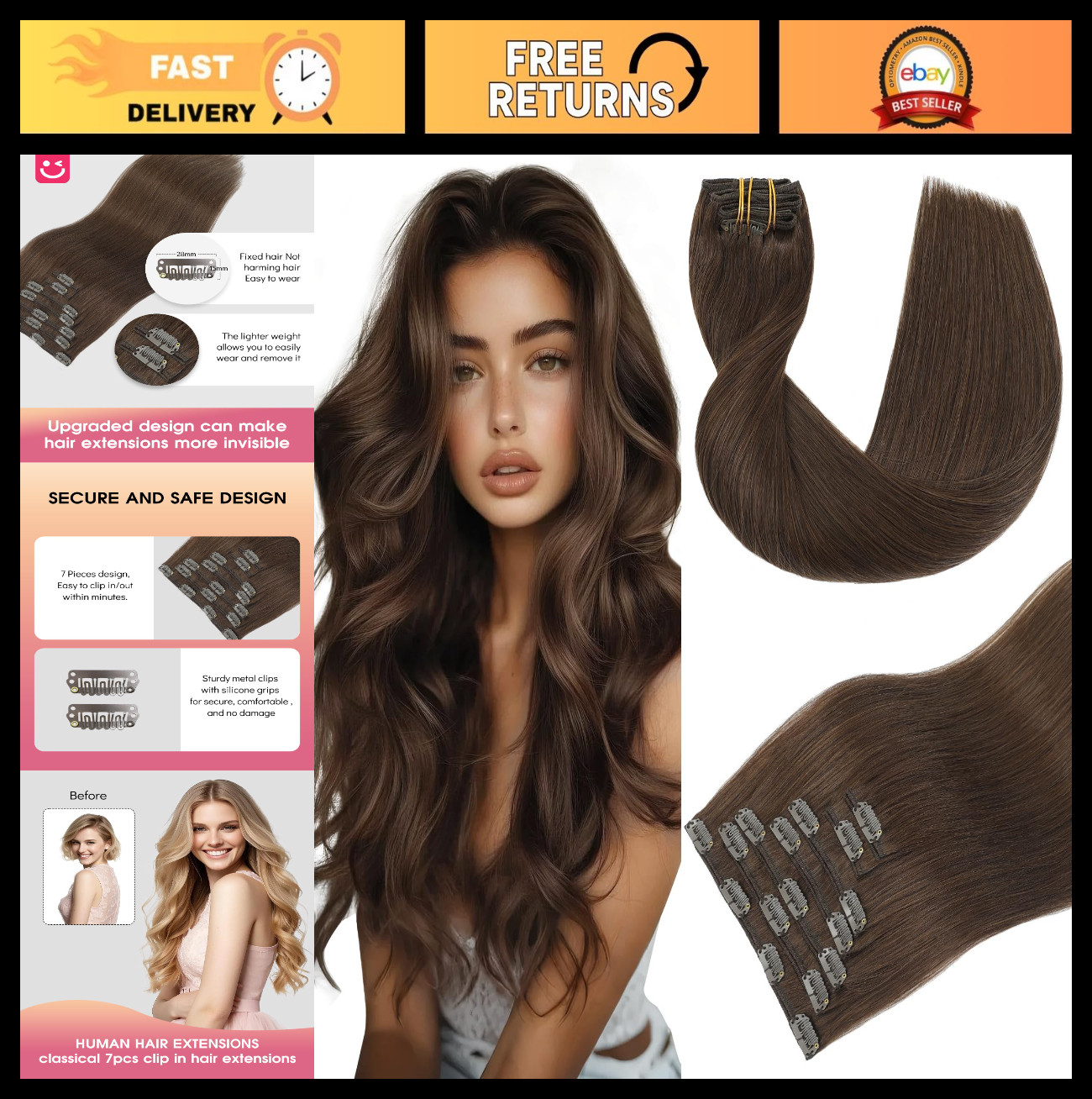 22″ Clip-In Human Hair Extensions, Remy Silk Straight Thick 120g, Medium Brown 7