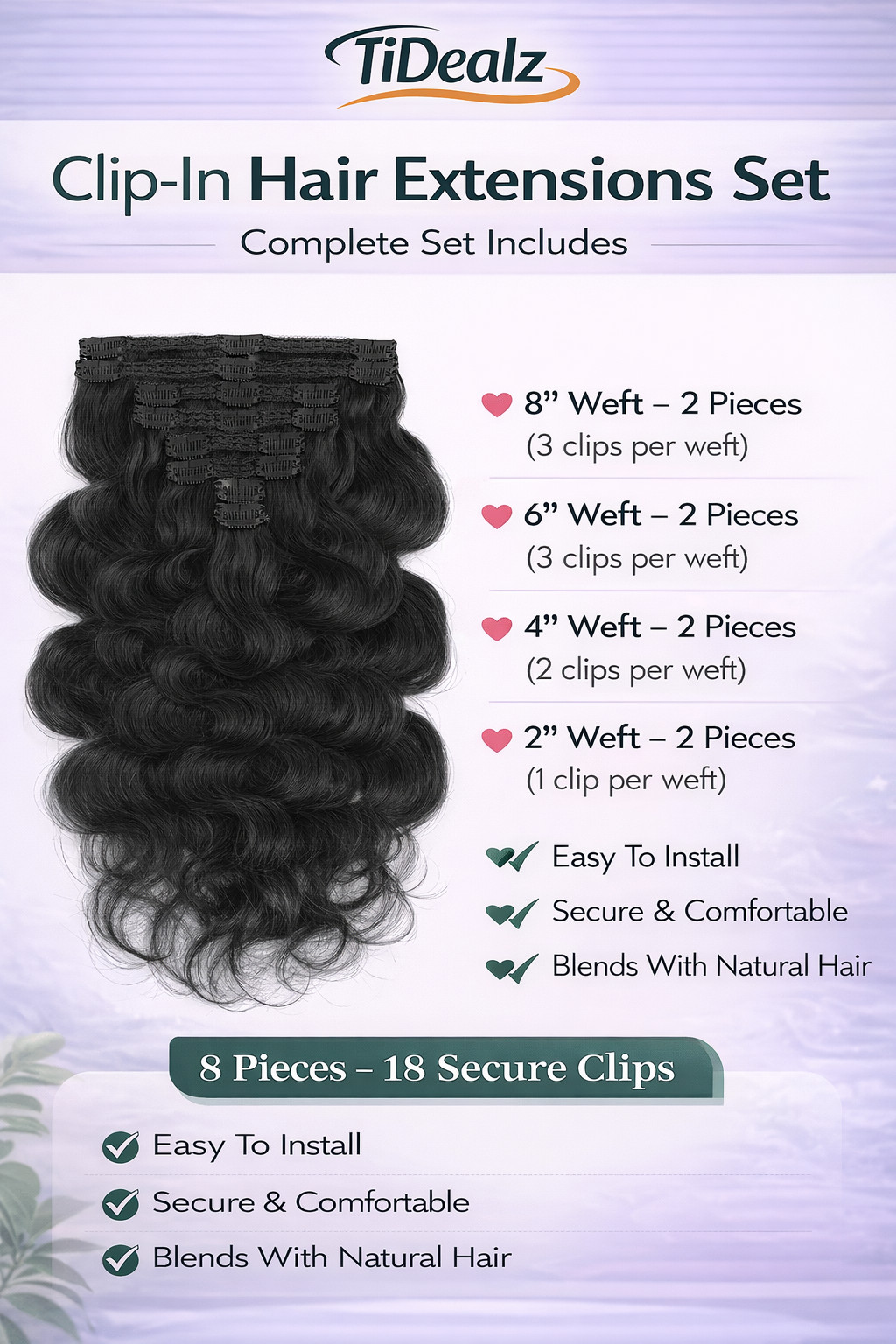 16 Inch Body Wave Clip-In Human Hair Extensions – 1B Natural Black Brazilian Rem
