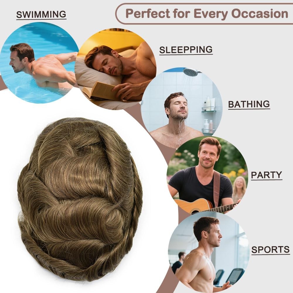 Full Poly Thin Skin Mens Toupee Hairpiece Human Hair System Replacement Wigs