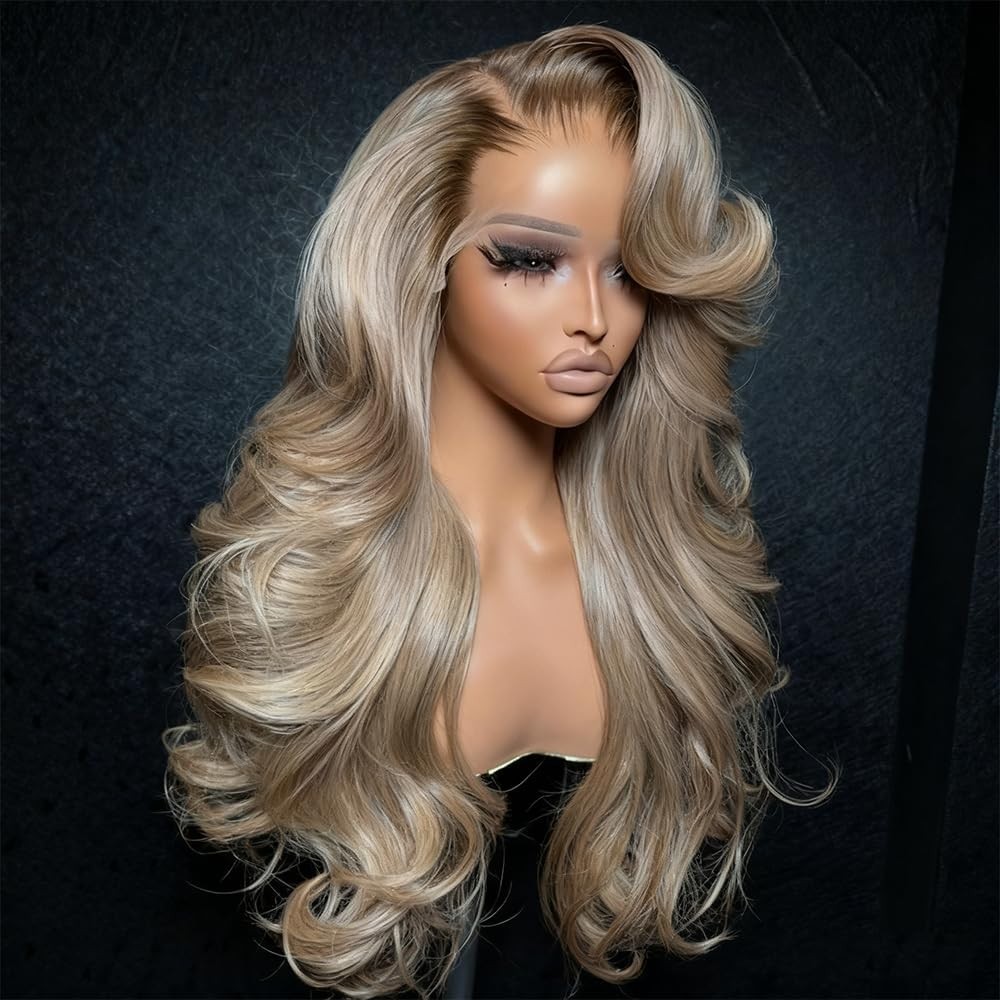 Ombre Ash Blonde Body Wave Lace Front Wig 26″ Human Hair, 200 Density, Glueless,