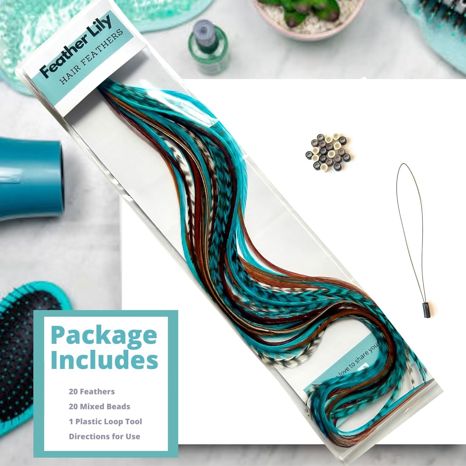 DIY Hair Feathers Extensions Kit – Turquoise & Brown