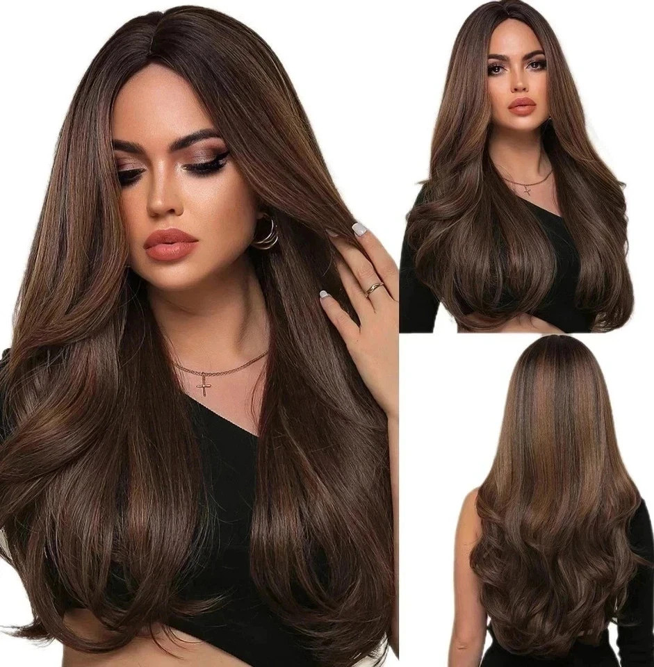 Real Human Hair New Fashion Long Natural Dark Brown Wavy Women’s Full Wigs 24 In