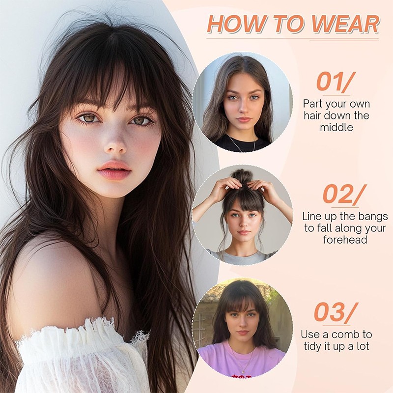 100% Human Hair Extensions Clip In 3D Bangs Mid-Part Air Bangs French Bangs Thin