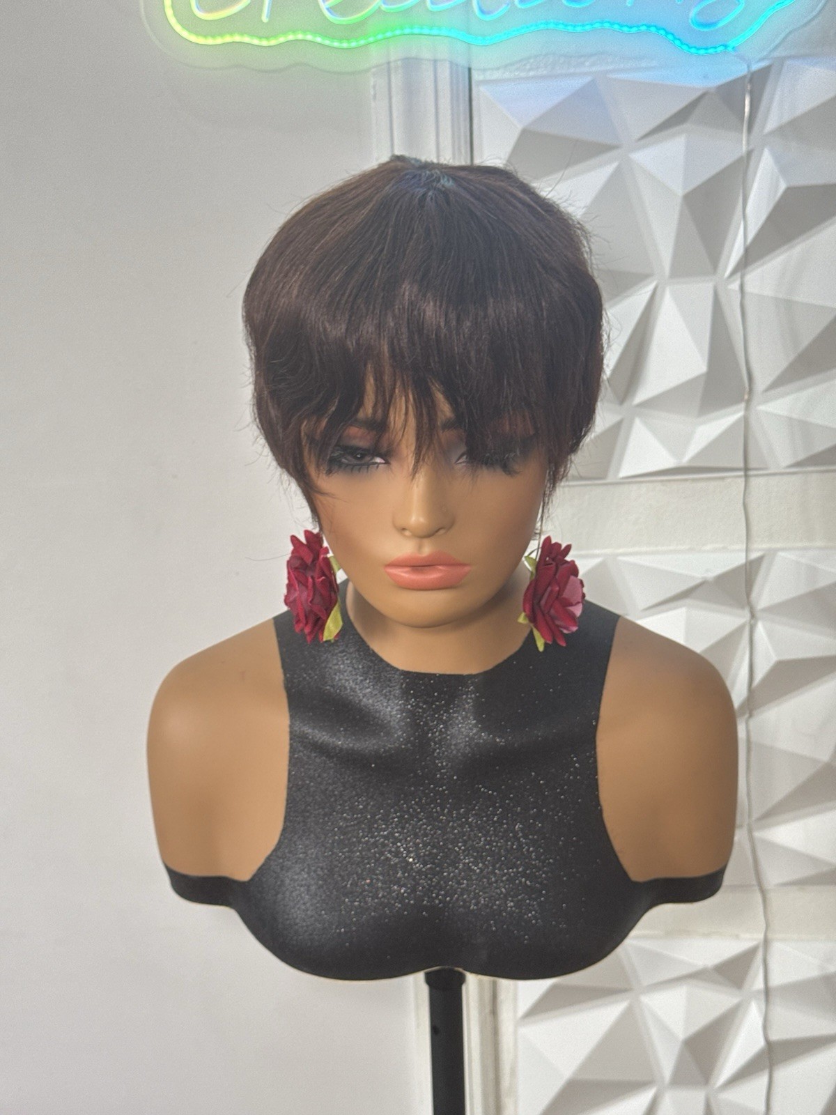 100% Human Hair Dark Brown Pixie Cut Wig Short Bangs Classic Cap One Size