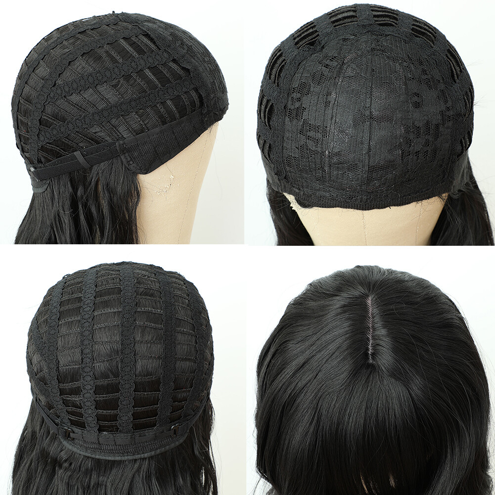 Synthetic No Lace Wigs Full Bangs Loose Wavy Long Black Heat Resistant Natural