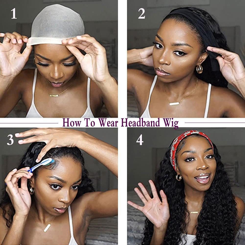 Women Headband Wig Long Curly Black Synthetic Hair Ice Silk Band