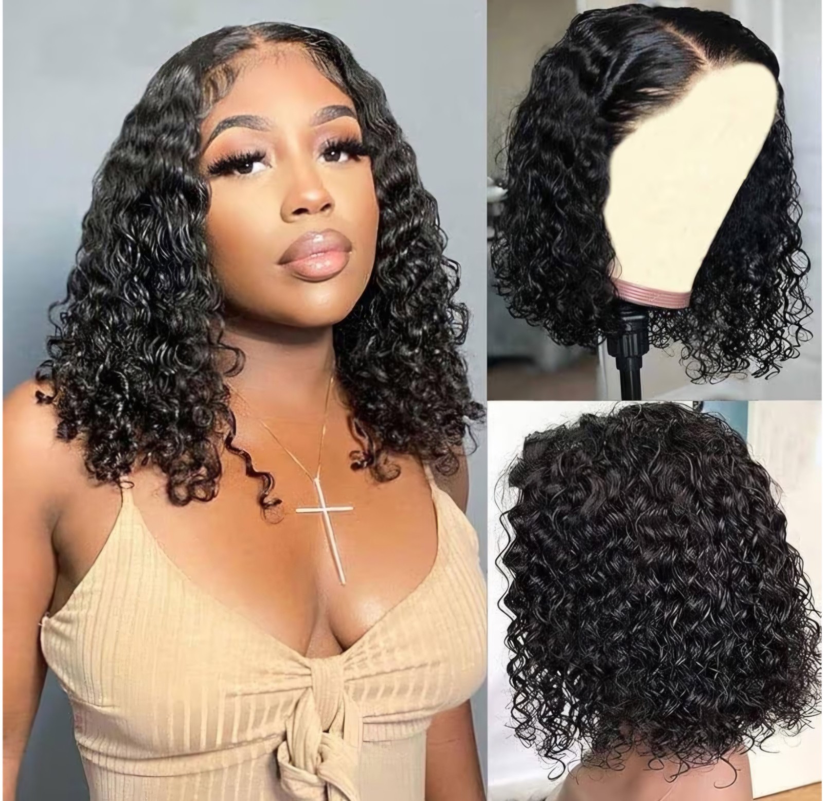 Human Hair Black Curly Bob Lace Front Glueless Wig Free-Part 10in Women