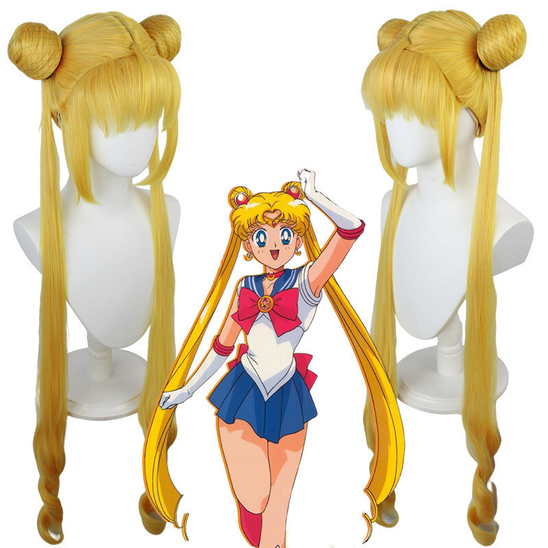 40″ Anime Sailor Moon Usagi Tsukino for Cosplay Costume Wigs w/2 Gold Ponytails