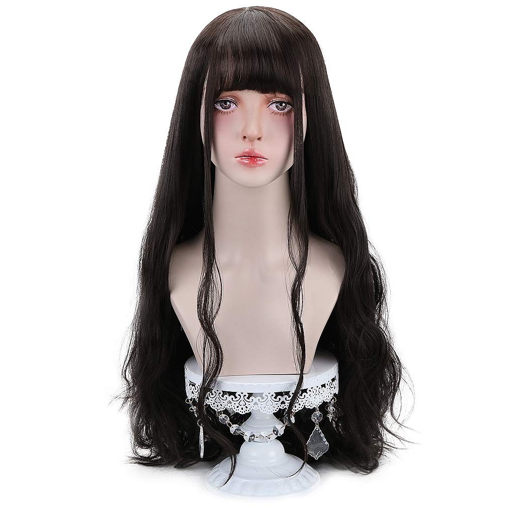 Long Black Synthetic Wig with Bangs – Natural Long Wavy Cosply Wigs for Women…