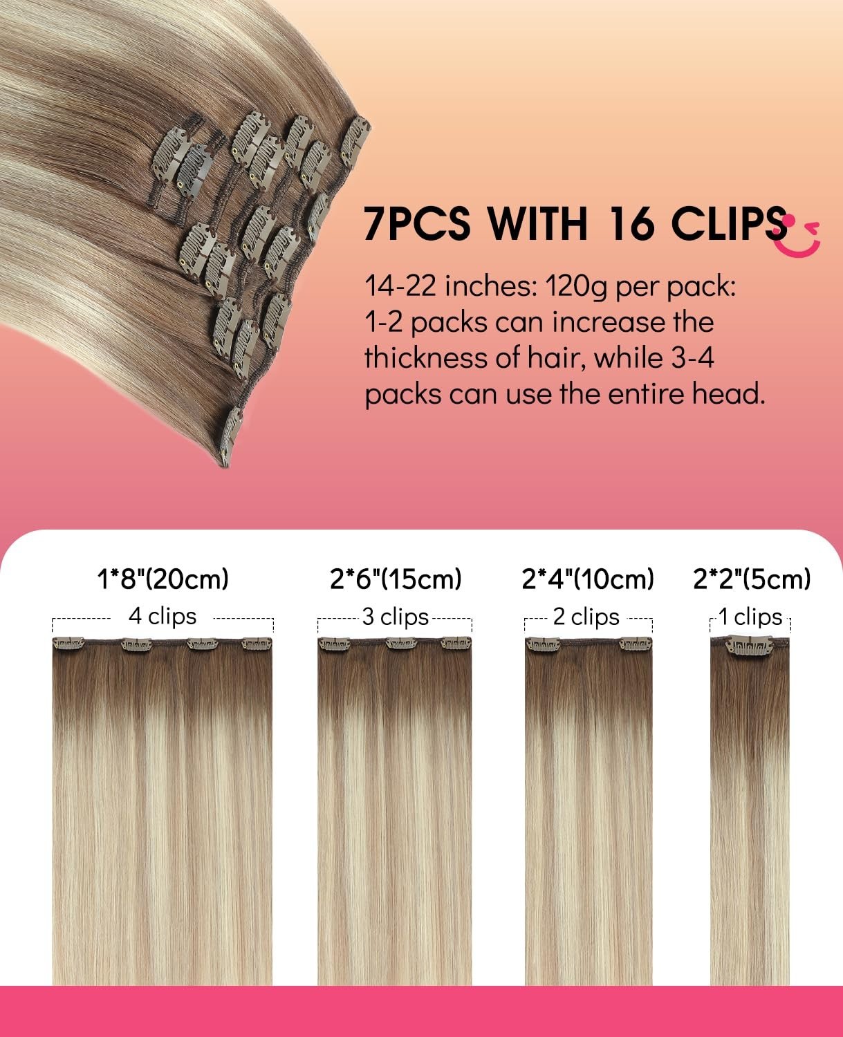 18″ Clip-In Human Hair Extensions 120g, Balayage Ash Brown to Platinum Blonde, 7